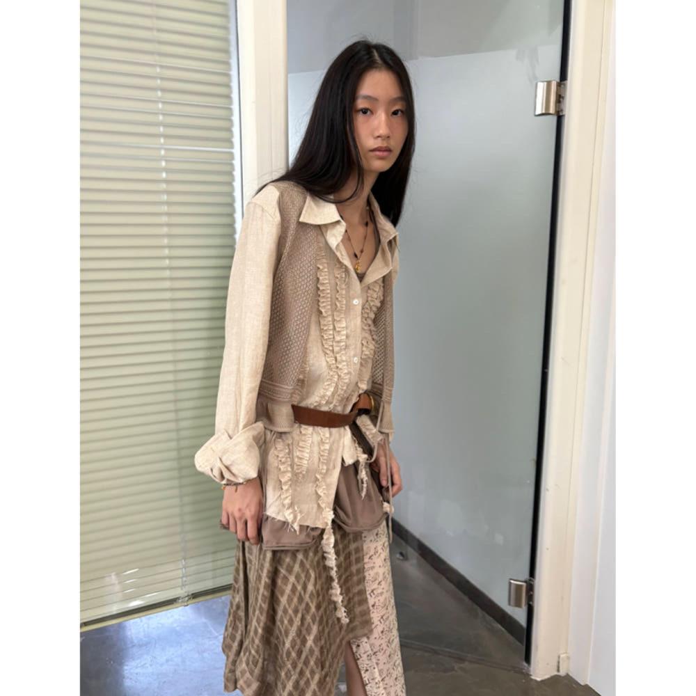 NEVERSEEZ 니트 조끼 베스트 가디건 레이스업 홀로우 니트 베스트 조끼 (베이지)