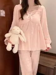 여성용 스위트 솔리드 텍스처 러플 밑단 라운지 세트, 플라운스 슬리브 리본 장식 스퀘어 넥 상의 및 바지, 가을을 위한 편안한 느슨한 핏