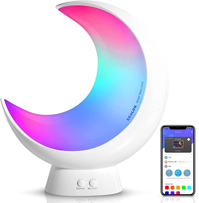 ECOLOR Smart Table Lamp, RGB APP Control Moon Lamp, Small Lamp with Scene Mode and Music Mode, Dimmable Warm White Light Touch Lamps for Bedrooms and Living Room