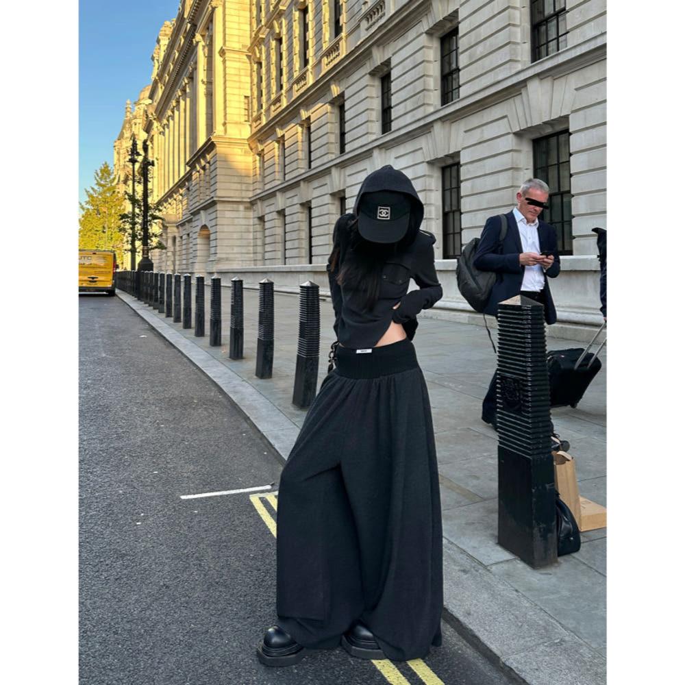 WARDEN EDGE 팬츠 블랙 로우웨이스트 스티칭 웨이스트 모핑 와이드피 바지