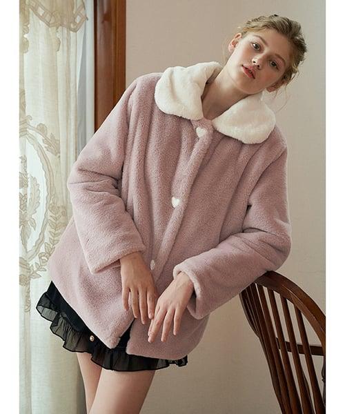 HEART BUTTON FUR JACKET - PINK