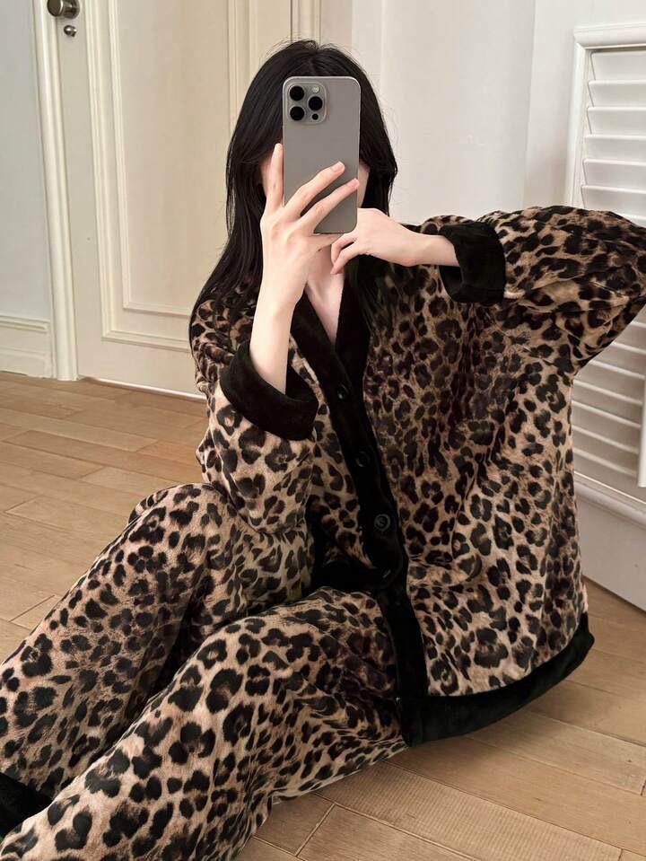 2개 레오파드 프린트 플리스 플러피 파자마 세트, 만다린 칼라, 버튼 프론트, 여성 플란넬 긴소매 상의 & 바지 잠옷, 가을/겨울, 가을 옷, 포근함