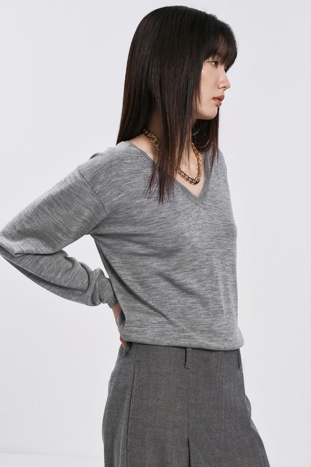 WOOL V-NECK KNIT TOP_GREY