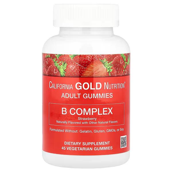 California Gold Nutrition, 비타민B6 및 B12, 엽산, 비오틴 함유 B복합체 구미젤리, 딸기 맛, 식물성 구미젤리 45개