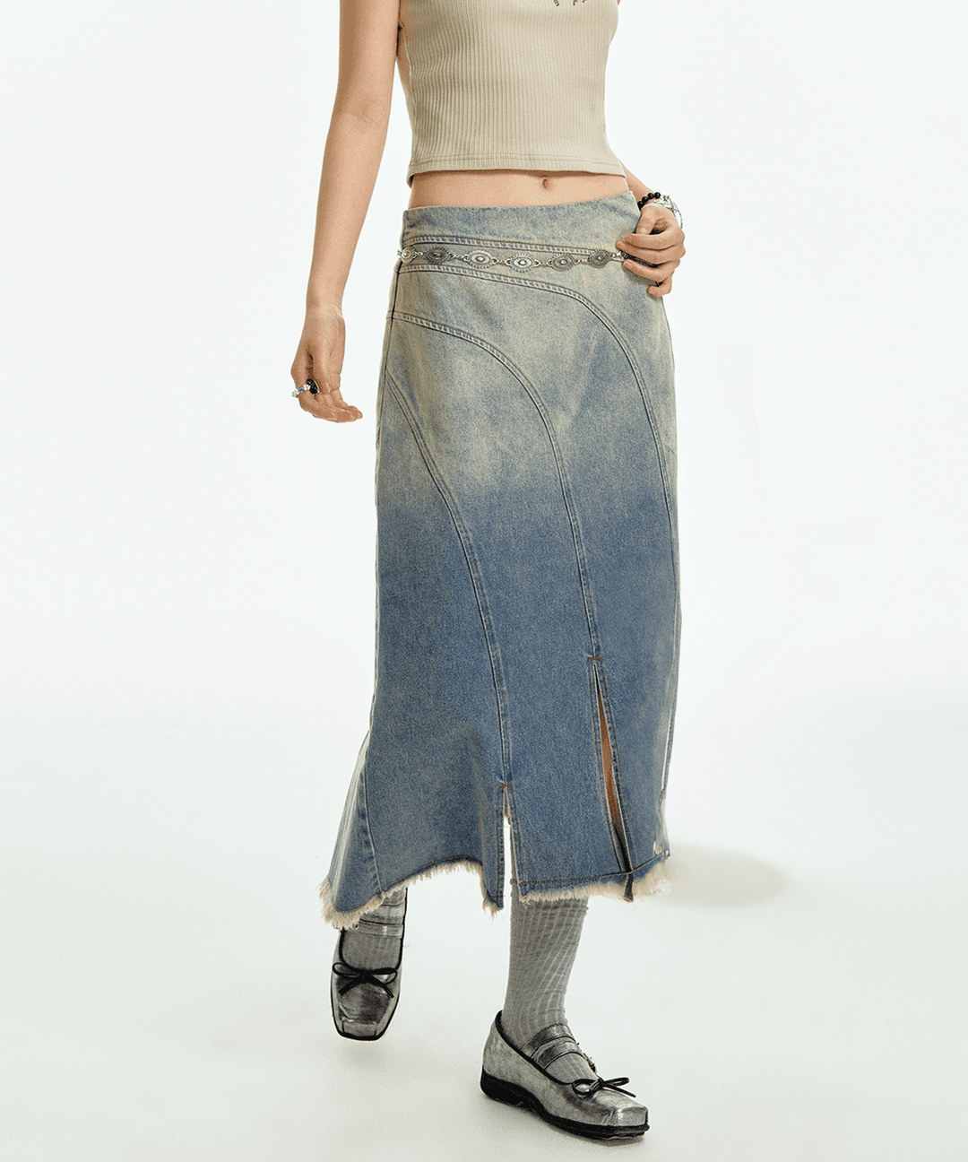 위세임 랩(WESAME LAB)  워시드 데님 미드 태슬 스커트 - 사이즈 & 후기 | 무신사