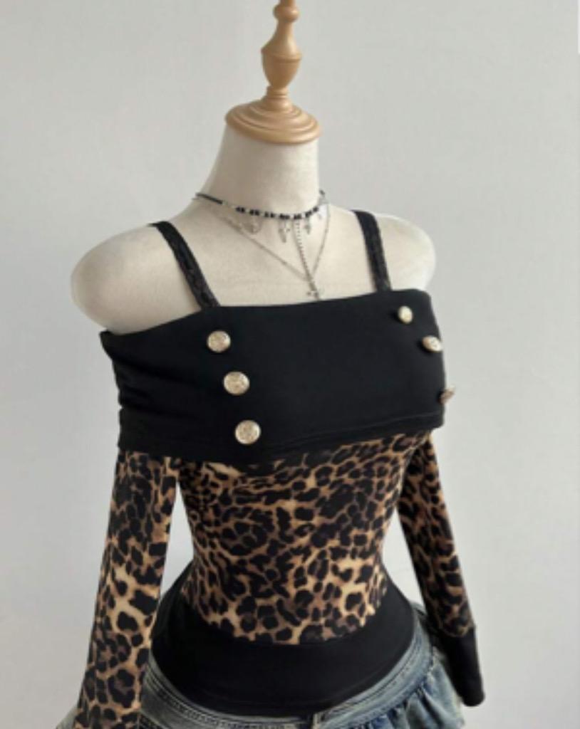 Elamini 여성용 레오파드 프린트 오프 숄더 긴소매 탑, Y2K 스타일 캐주얼 데일리 웨어, 콘트라스트 레오파드 프린트