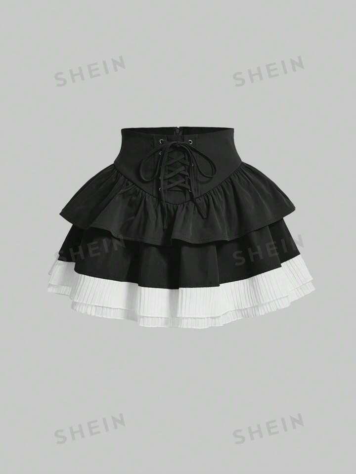 SHEIN MOD Women's Contrast Color Waist Tie Multi-Layer Hem Skirt