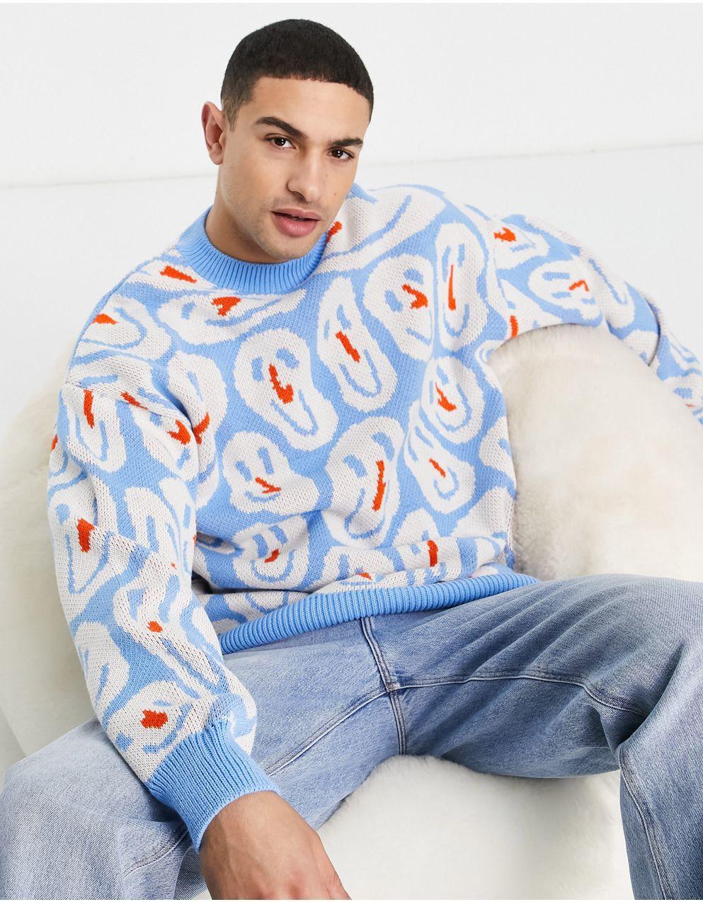 Topman 오버사이즈 니트 스노우맨 블루 색상 점퍼