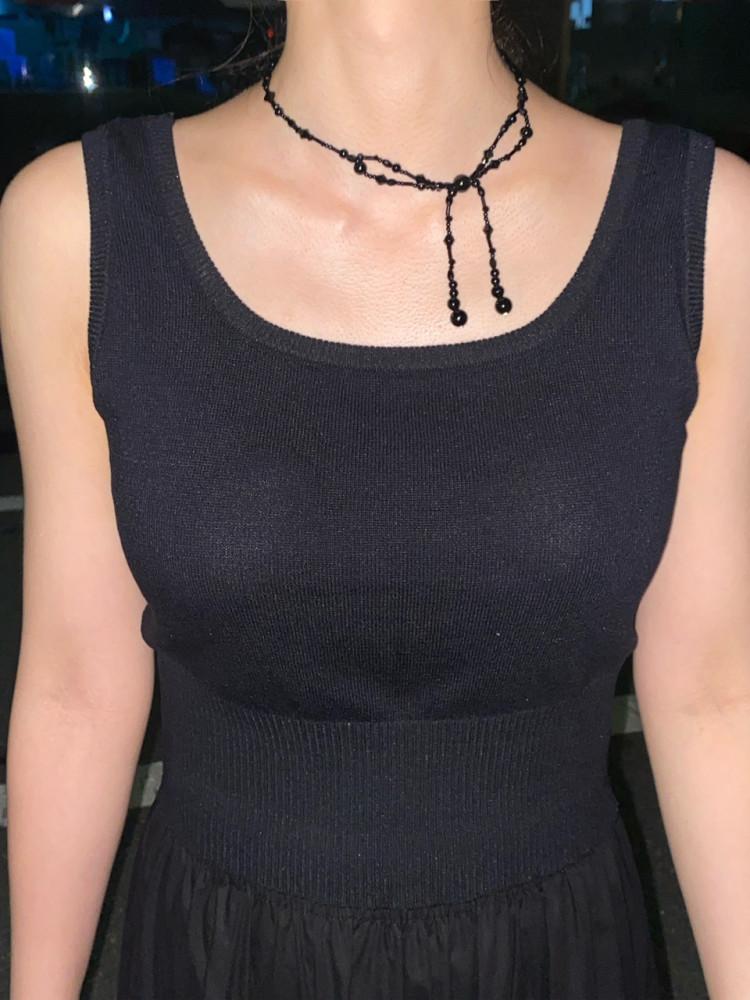 [치치포유] black ribbon beads necklace