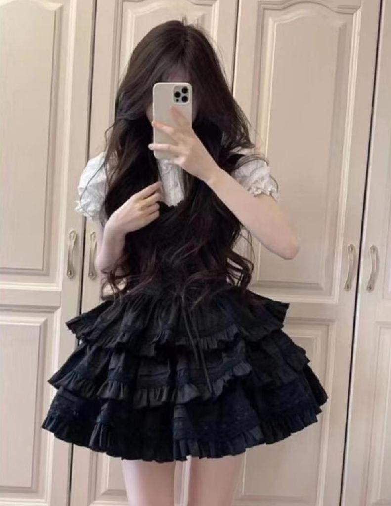 공주풍 레이스 블랙 서스펜더 원피스 고스룩 코디세트