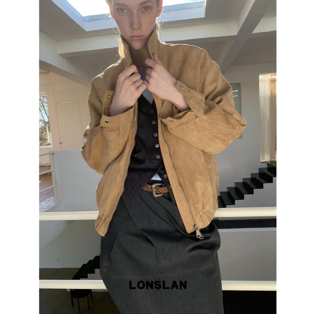 LONSLAN 자켓 라펠 지퍼 스웨이드 숏 재킷 2COLOR