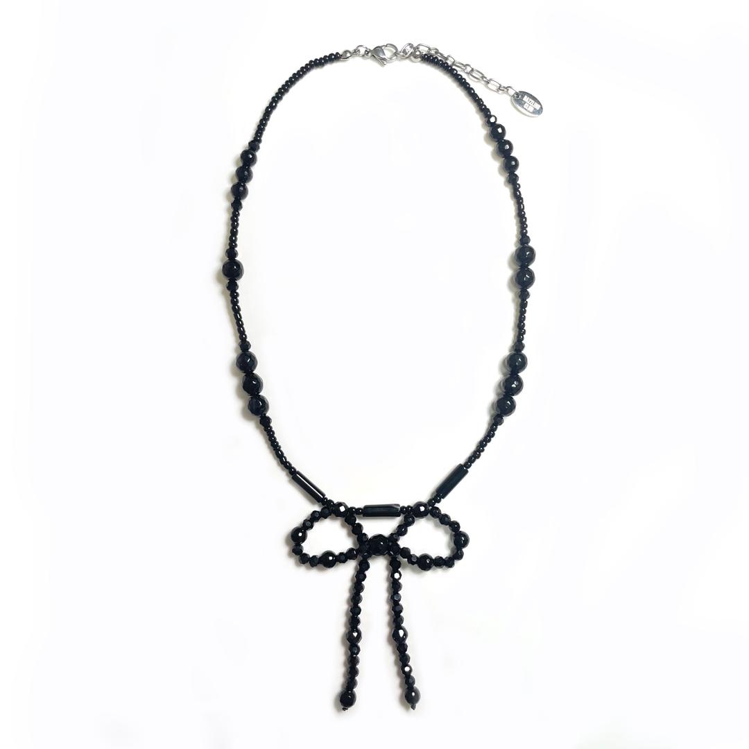 Black Beads Ribbon Necklace