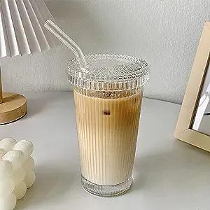 YAHUIPEIUS 유리 텀블러 스트라이프 유리 컵 커피 컵, 뚜껑과 빨대 음료 잔 포함, 물, 아이스 커피, 우유, 차, 주스용(A-스트라이프)