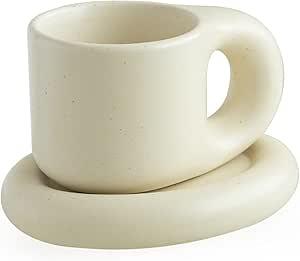 WENSHUO Chubby Funny Coffee Mug, Novelty Cute Cup and Saucer, Matte Crème, 9 oz