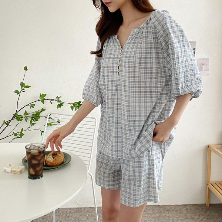 나들 체크 원피스 & 세트 잠옷 여성 여름 파자마 EJ152
