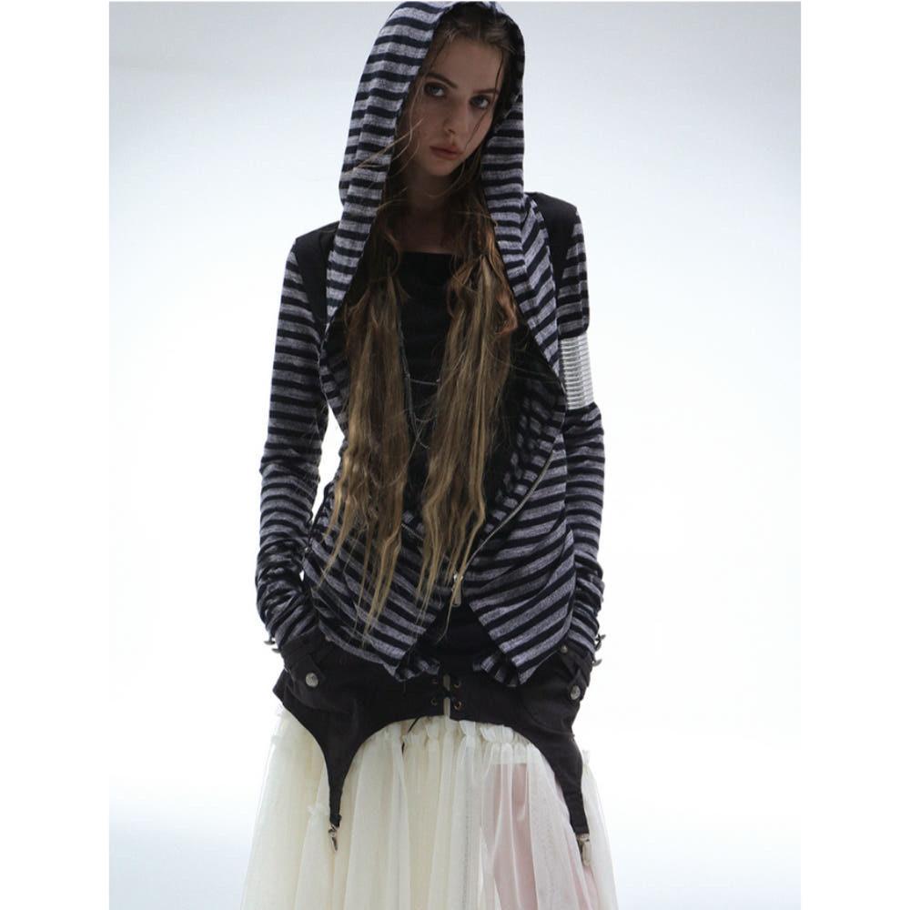 DOUBLE PUNCH 더블펀치 후드 티셔츠 집업 페이크 투피스 긴팔 후드넥 탑