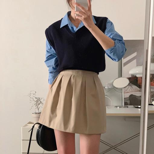 (자체제작) 헤이디 하이웨스트 합포 A라인 핀턱 미니스커트 (베이지)