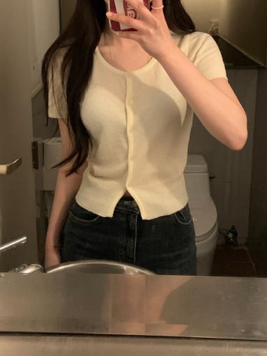 [ 오뉴어웨이 ] 부클 여름 반팔 크롭 가디건 라운드넥 반팔가디건