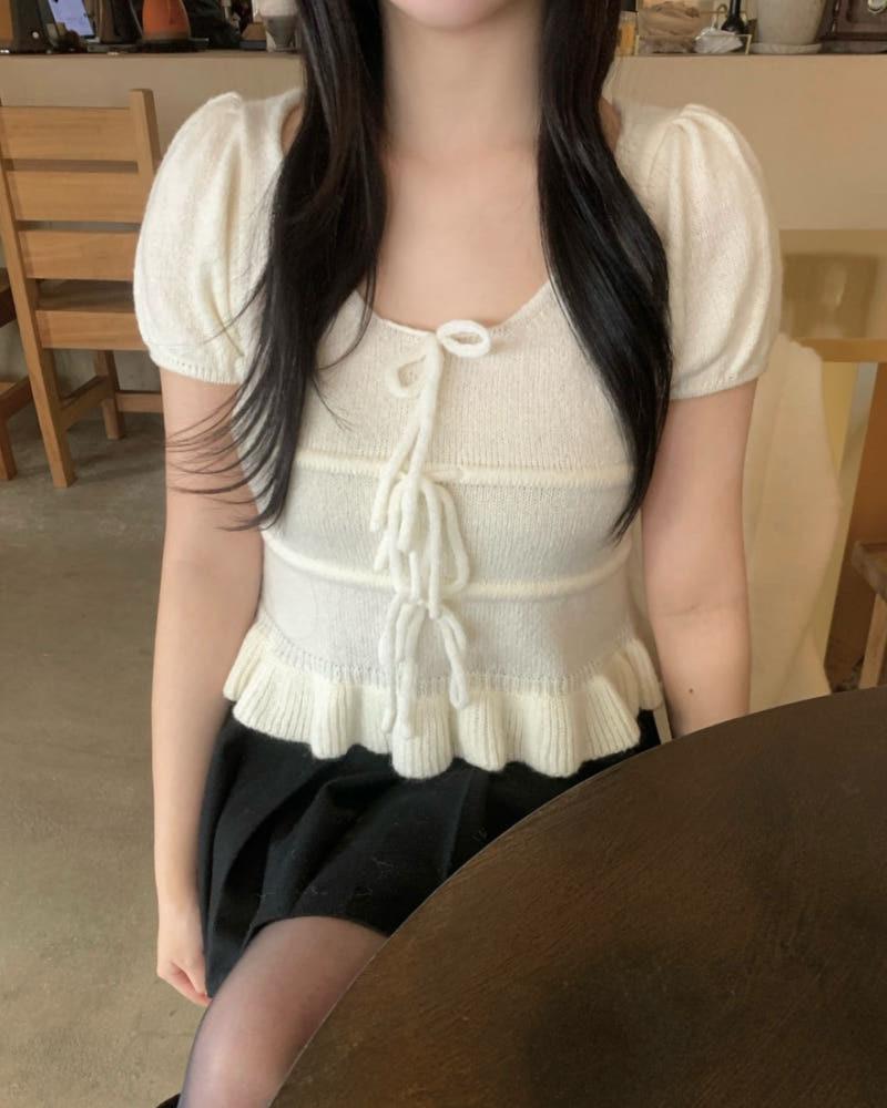 쉐어 모헤어 리본 반팔 니트