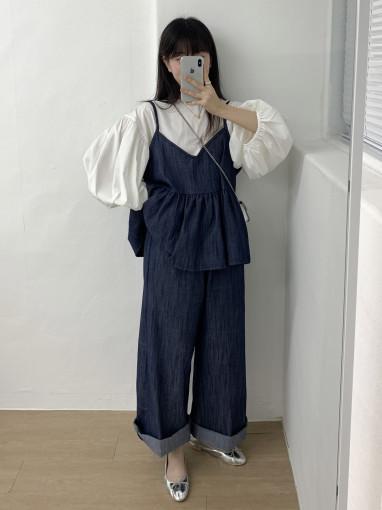 데님 뷔스티에 + 밴딩 팬츠 세트 빅사이즈 ( 진청, 흑청 )