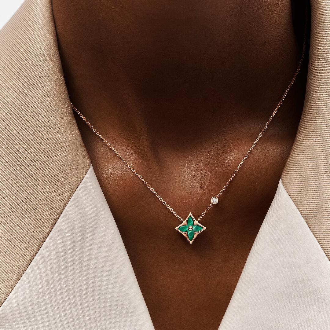 컬러 블라썸 BB 스타 펜던트, 핑크 골드, 말라카이트와 다이아몬드