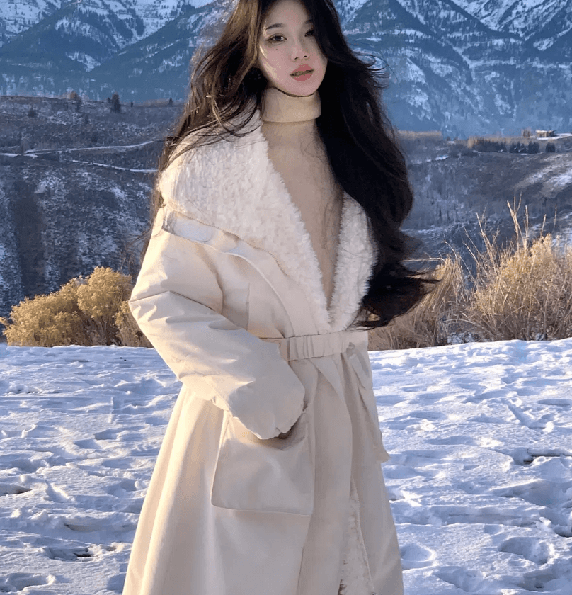 [수입] 램스울 양면 롱코트 벨트 화이트 롱패딩