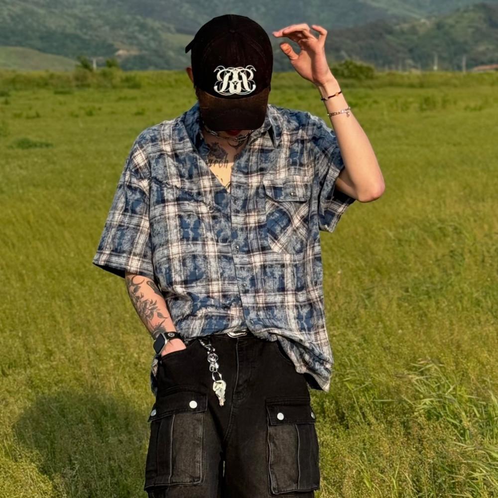 남자 체크셔츠 반팔 오버핏 하와이안 셔츠 빈티지 여름