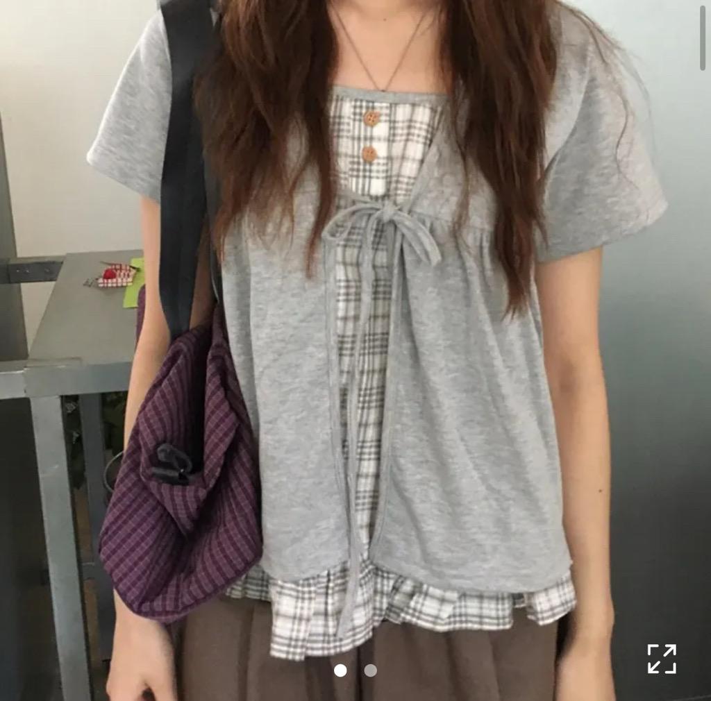 일체형 케일 체크 레이어드 반팔 티셔츠