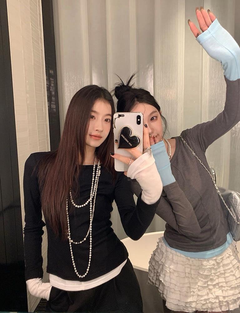 페이퍼 페이크 레이어드 투피스 라운드넥 슬림 긴팔 티셔츠