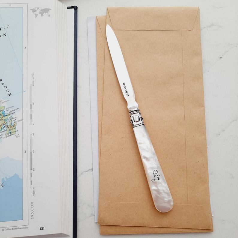 Antique Sterling Silver Letter Opener Hallmarked Birmingham 1890, Monogrammed "L" Mother of Pearl Handle, Fab Solid Silver Anniversary Gift