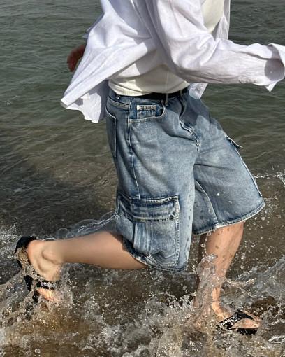 Paradise Cargo Bermuda PT,남자 여름 카고 버뮤다 워싱 데님 팬츠 반바지