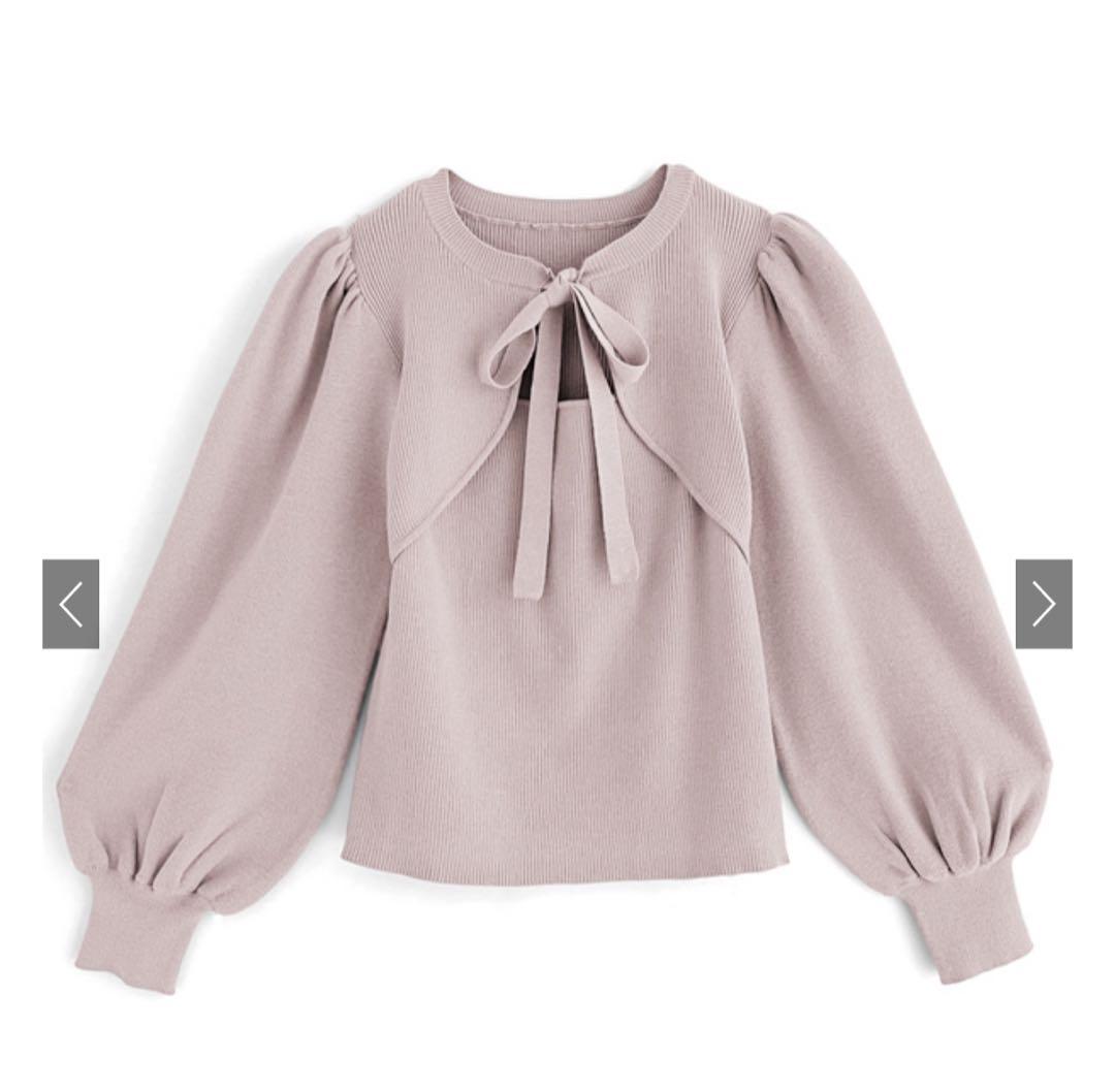 フロントオープンリボンニットトップス[dr612] ピンク