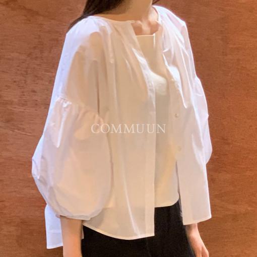 HAUS 블로썸 셔링 블라우스 코튼 라운드 퍼프 7부 셔츠 bl 화이트 레드