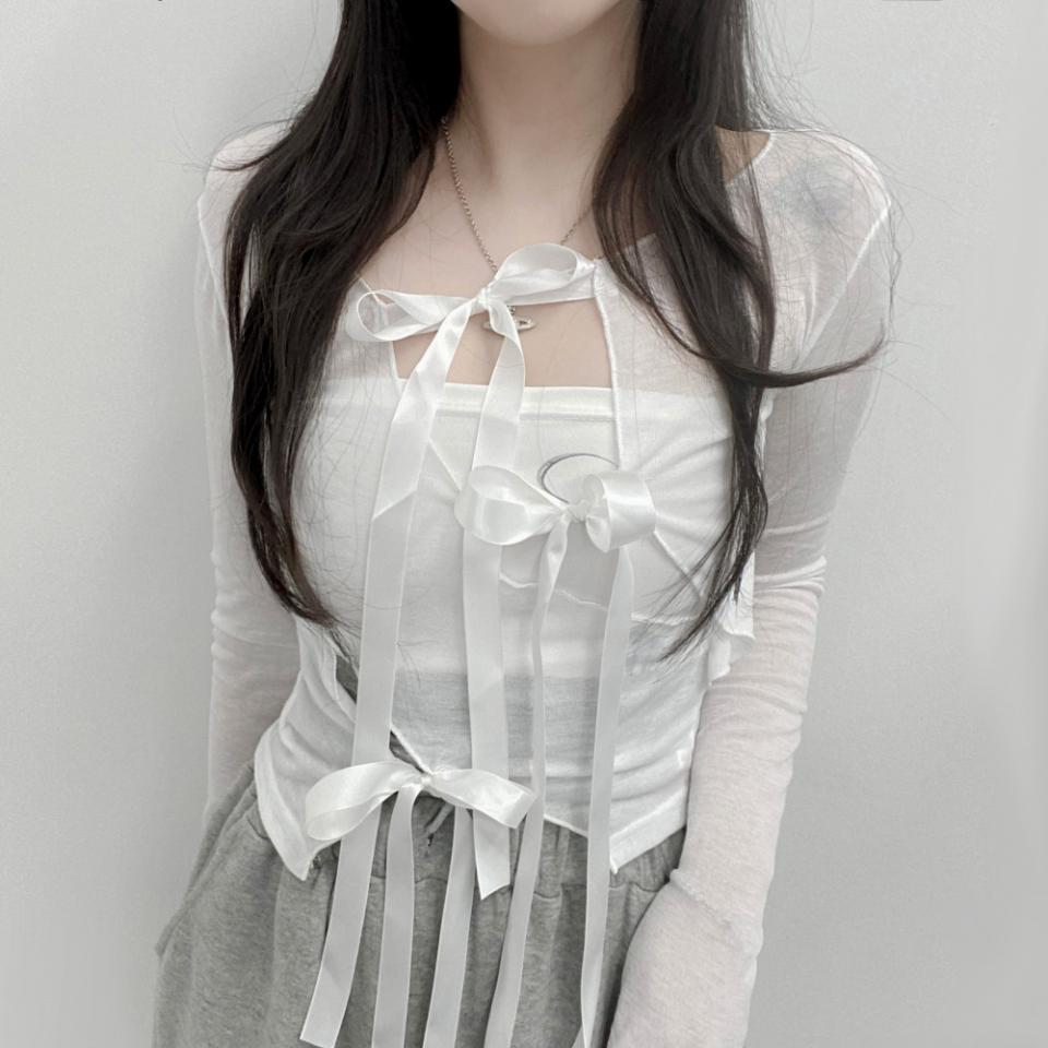 리본 매듭 트임 슬림 시스루 랩 크롭티