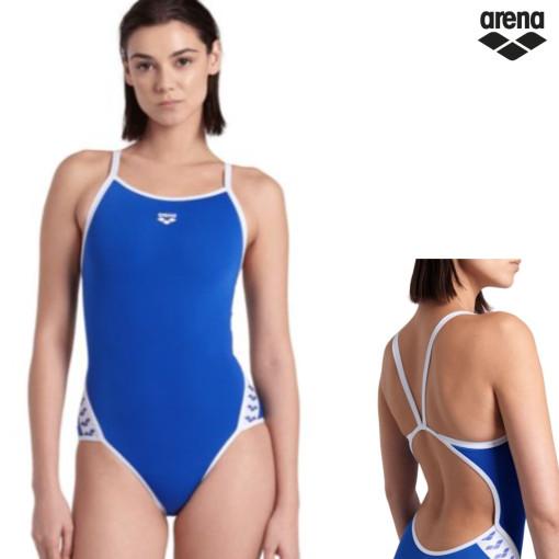 유럽 아레나 여성용 로얄 화이트 아이콘스 슈퍼 플라이백 솔리드 강습용 실내 원피스수영복 : 비욘드니스