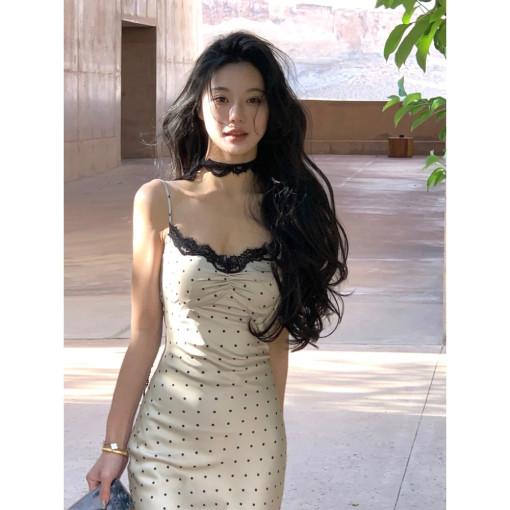 레이스 브이넥 도트 롱 원피스 (초커포함)