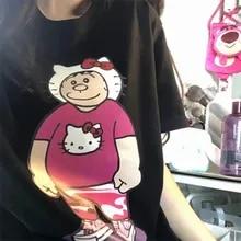 헬로 키티 코스프레 빅 G 도라에몽 티셔츠, 반팔, 인스 학생, 귀여운 만화, 루즈 프레피, 트렌디 탑, 여름 신상