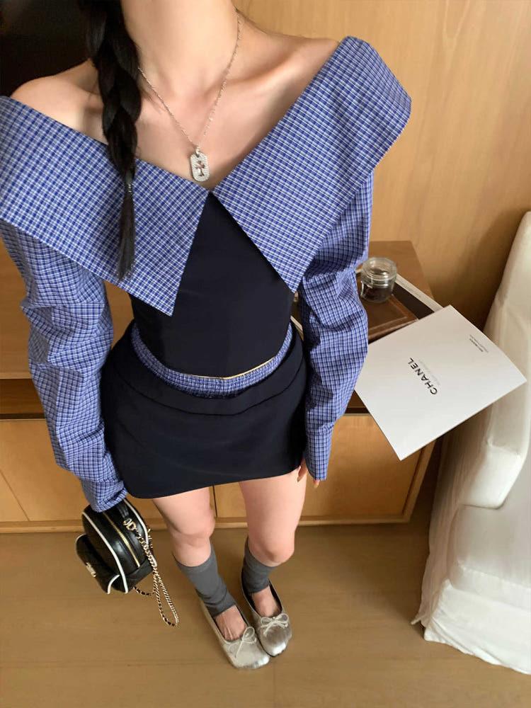 스티치 플레드 긴팔 셔츠 원숄더 탑&스커트