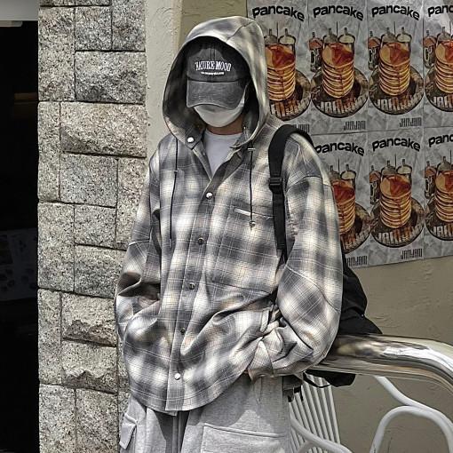 후드 탈부착 오버핏 체크 셔츠 자켓 2C 남자 여자 스트릿 캐주얼 봄 가을 그레이 대학생