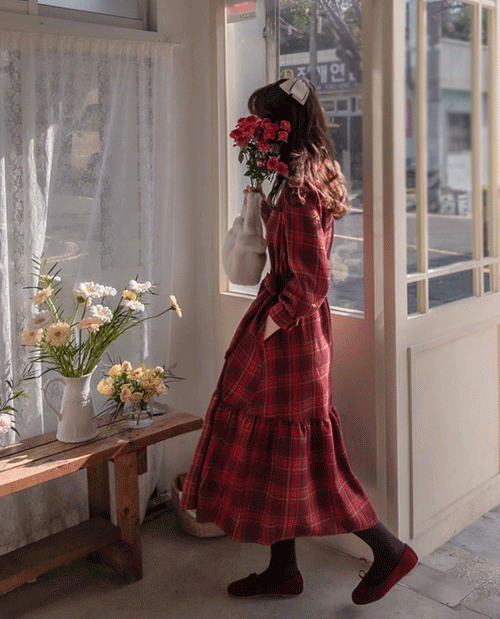 [인기상품 7%세일][LABEL] 소니아 부드런 기모체크 러브샤링 허리끈세트 원피스[size:F,1]