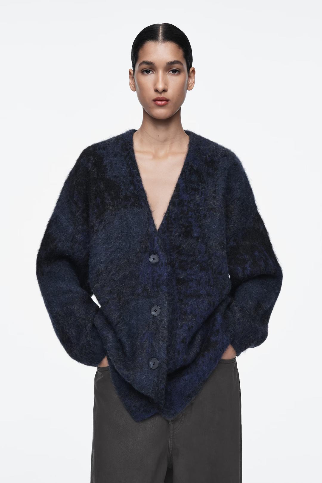 CARDIGAN À MOTIF EN JACQUARD D'ALPAGA MÉLANGÉ - BLEU