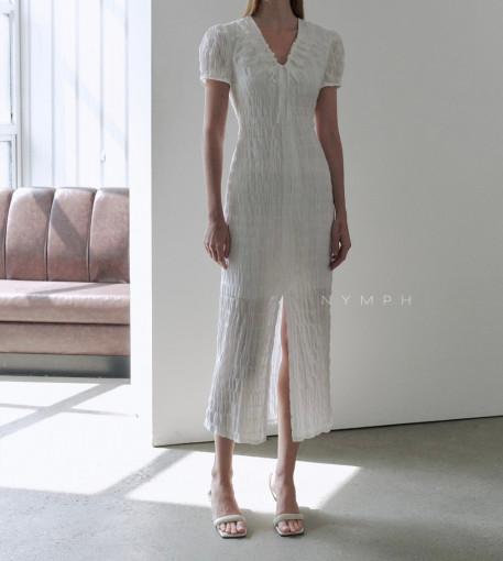 (블랙 당일)폴 브이넥 슬림핏 쭈글이 트임 롱 반팔 원피스/2colors/셀프웨딩/특별한날원피스