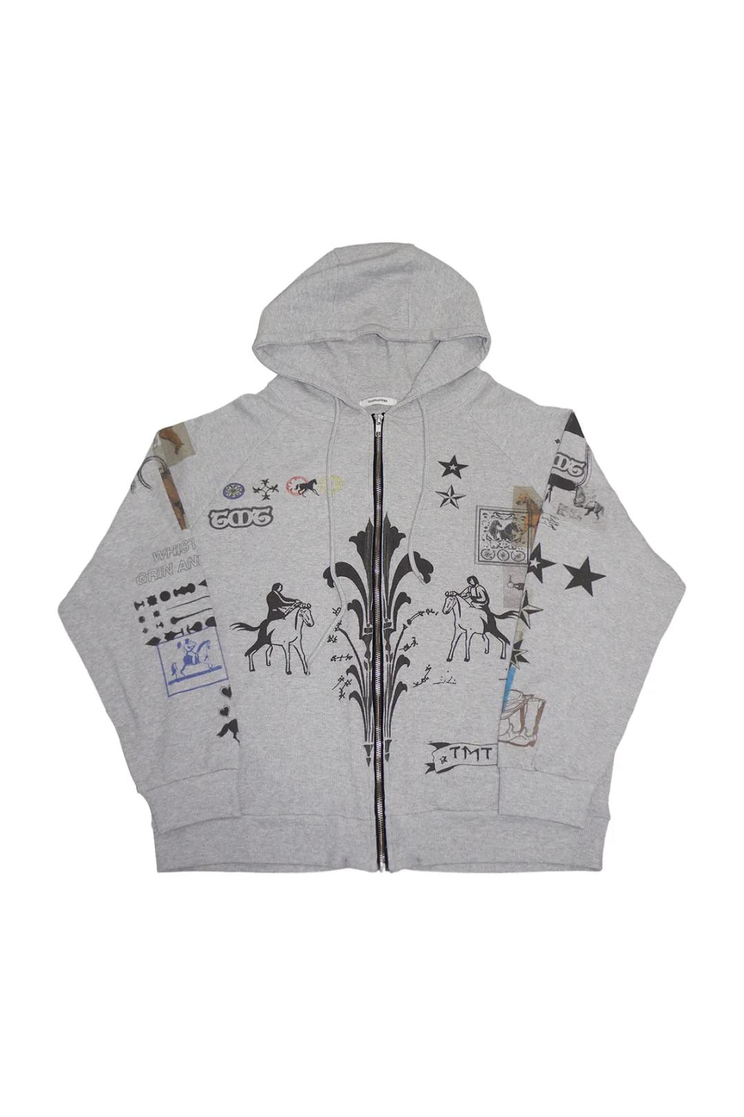 PRINTED WAFFLE ZIP-UP HOODIE (GREY)