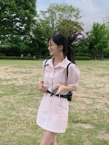 [반팔버전] 카라 포켓 반팔미니원피스 (2color) 핑크원피스 벨트 데이트룩