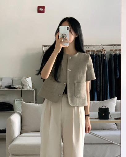 [당일배송 카키베이지] 바운드 여름 하객룩 린넨 반팔 트위드자켓 올마인