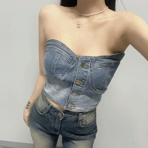 [단독/레이어드룩] 빈티지 데님 크롭 탑