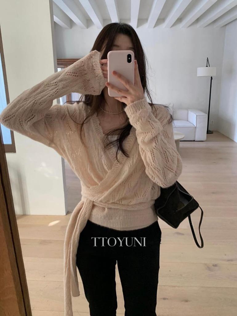 프리티영띵 PYT 포지 랩 니트 세트 아일렛 긴팔 펀칭 프영띵 봄신상 