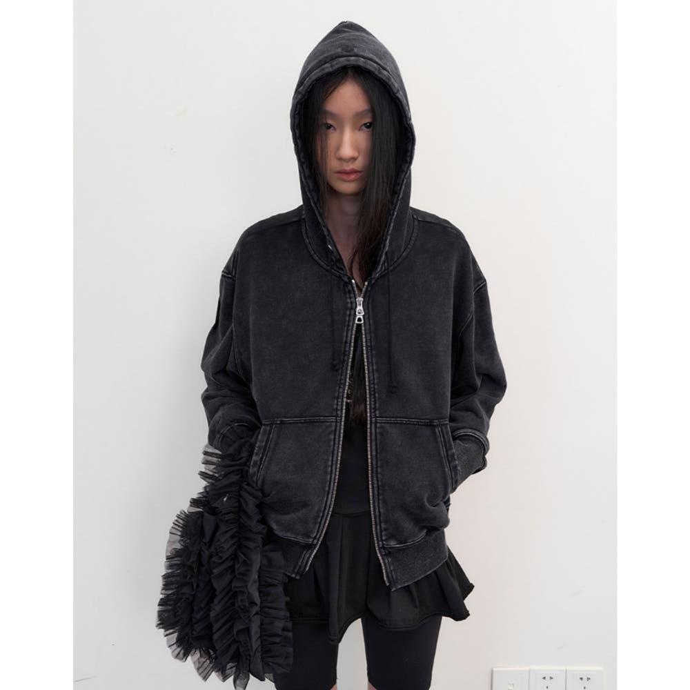 NEVERSEEZ 후드 집업 자켓 워싱 디스트레스드 자수 캐주얼 스웨트셔츠 (먹그레이)