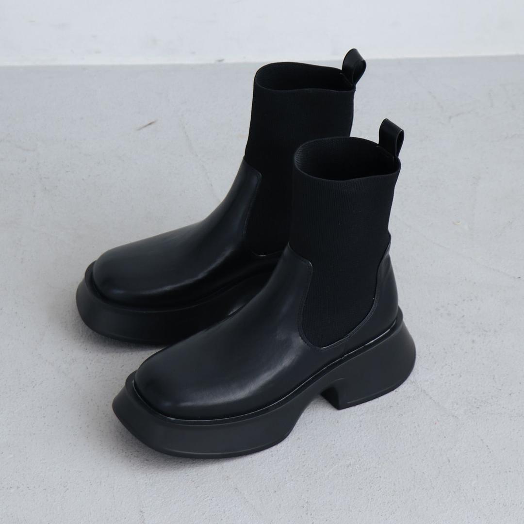 [EVOL/ Evol] Square Thick Bottom Stretch Knit Boots IV5216 (Black)