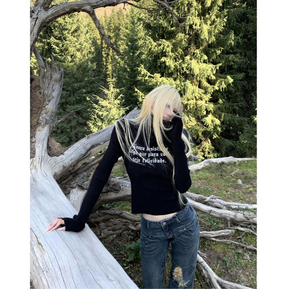 RASE LE SOL 니트 레터링 프린트 블랙 터틀넥 스웨터 탑